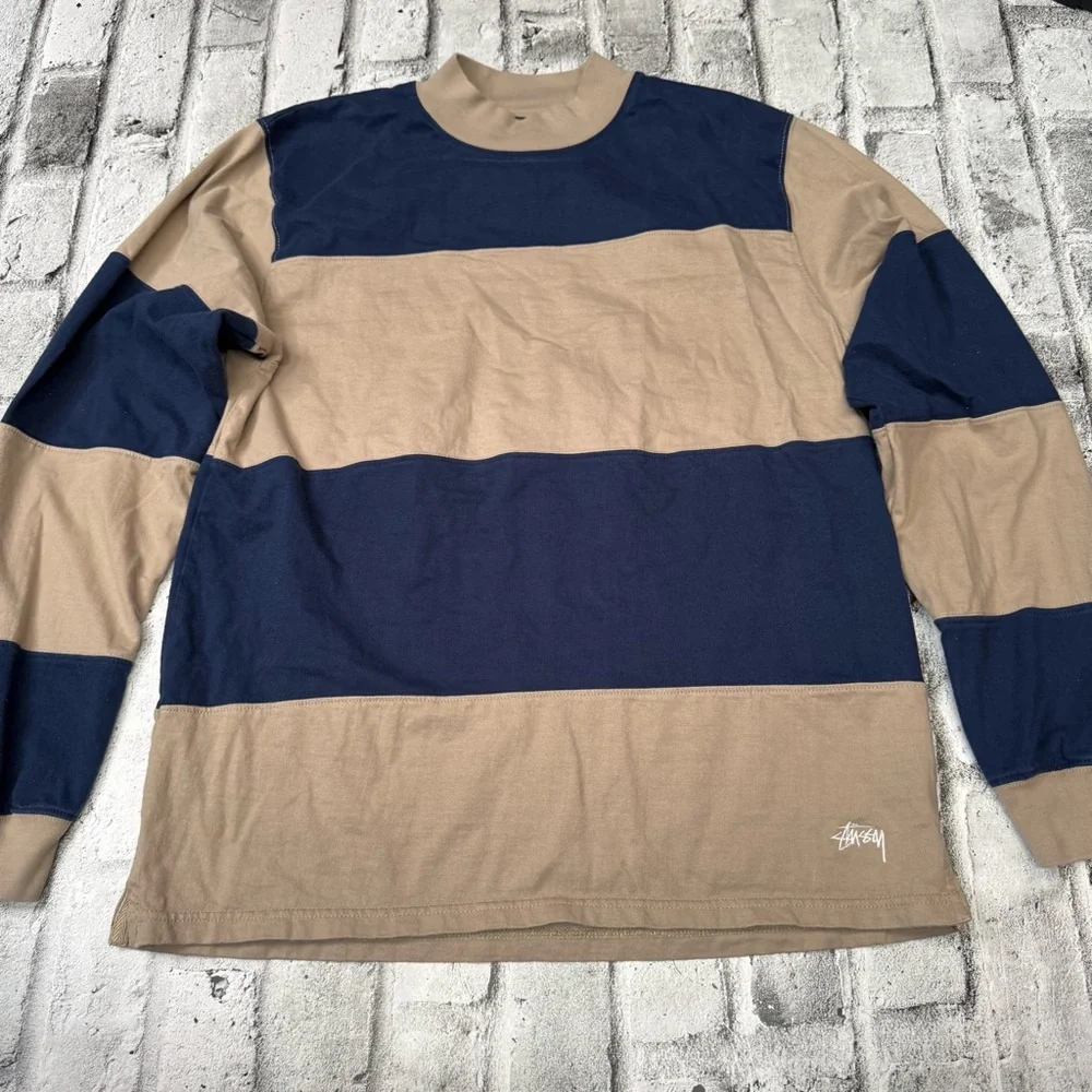 Stussy striped long-sleeve rugby shirt navy and beige Sz Large Men’s - Picture 2 of 12
